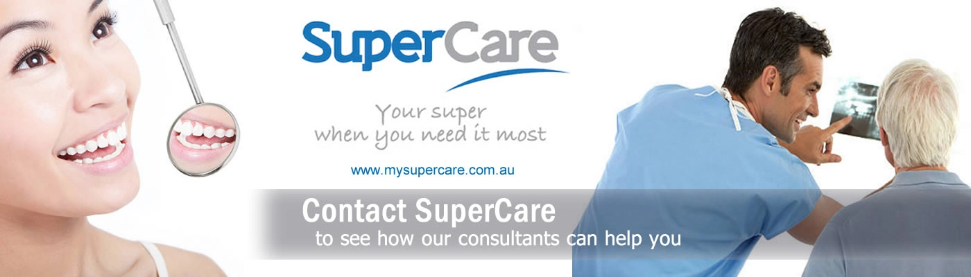 Contact SuperCare banner with a smiling woman and a dentist showing an X-ray to an older patient